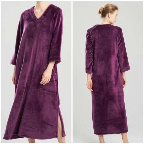 Natori Women Cashmere Fleece Zip Caftan Extra Small XS Plum Purple Zipper Robe - Picture 1 of 12